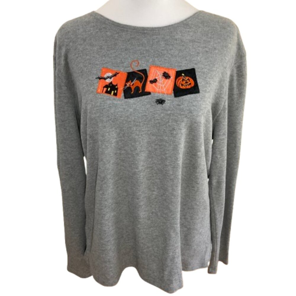 Halloween Long Sleeve Gray Tee-Shirt Embroidered Cat Bat Pumpkin Spider, Large